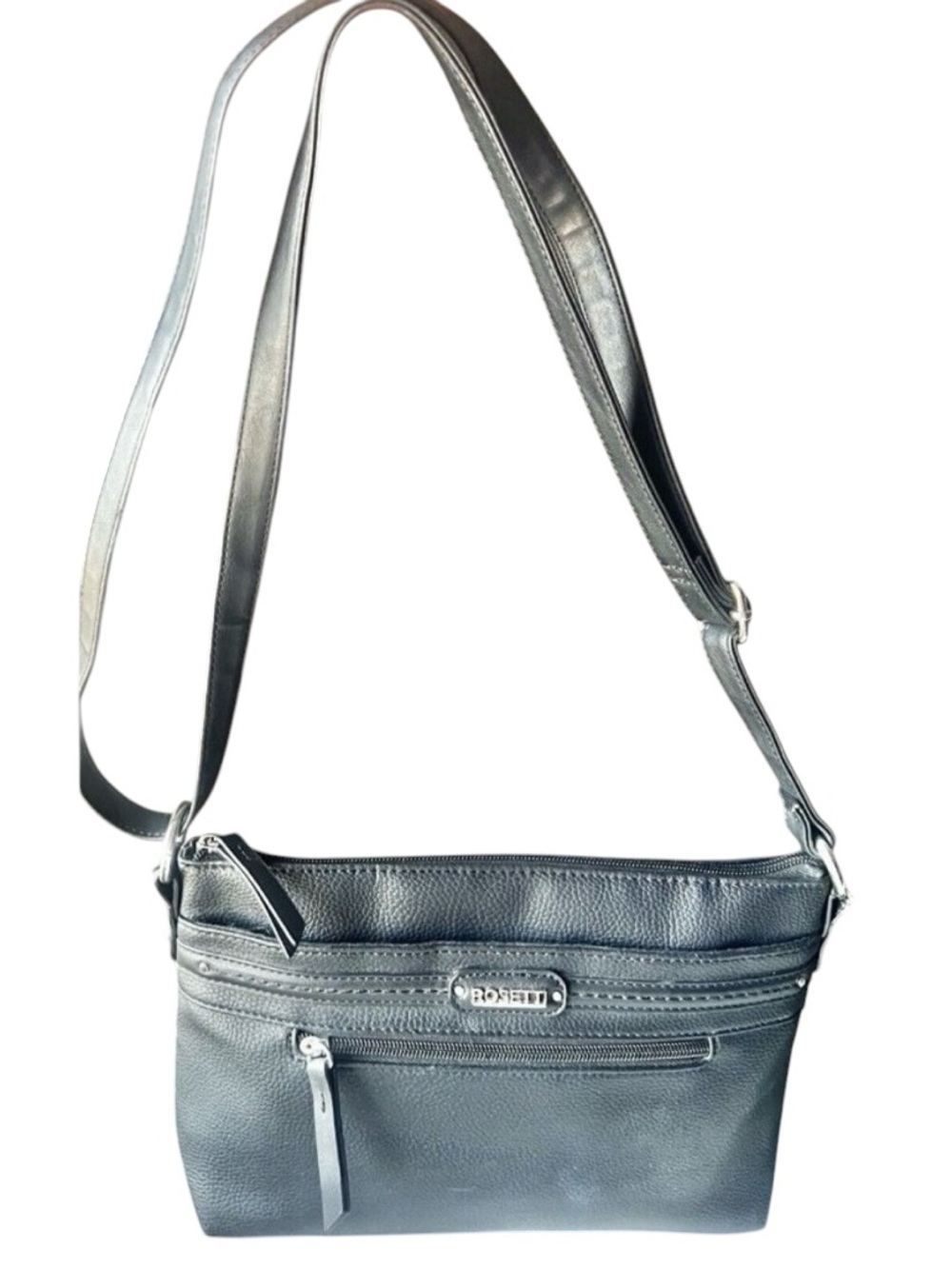 Rosetti Black Leather Adjustable Crossbody Bag W/ Pockets & Zippers